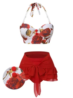 Outlet Retro Stage 2PCS Red 1960s Roses Halter Swimsuit & Skirt Cover-Up