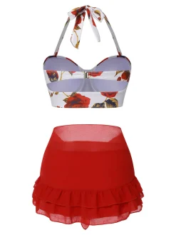 Outlet Retro Stage 2PCS Red 1960s Roses Halter Swimsuit & Skirt Cover-Up