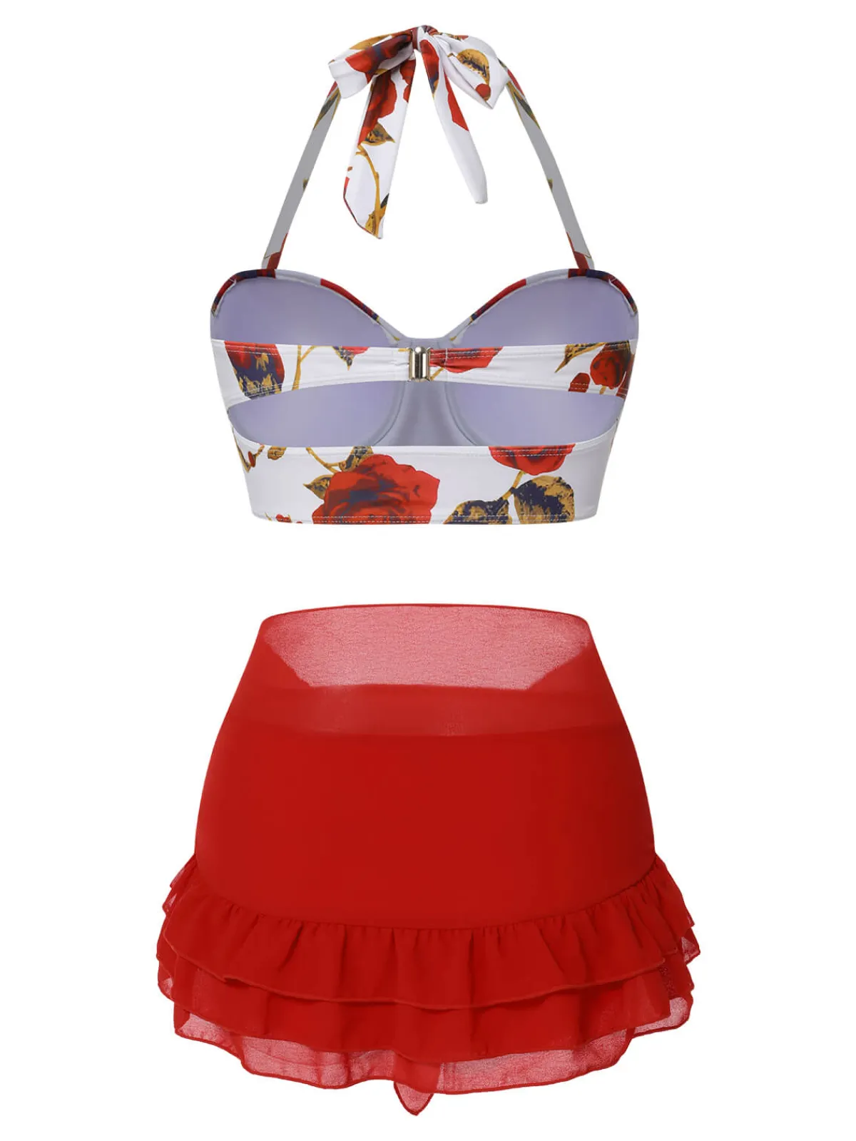Outlet Retro Stage 2PCS Red 1960s Roses Halter Swimsuit & Skirt Cover-Up
