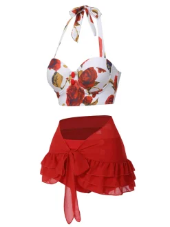 Outlet Retro Stage 2PCS Red 1960s Roses Halter Swimsuit & Skirt Cover-Up