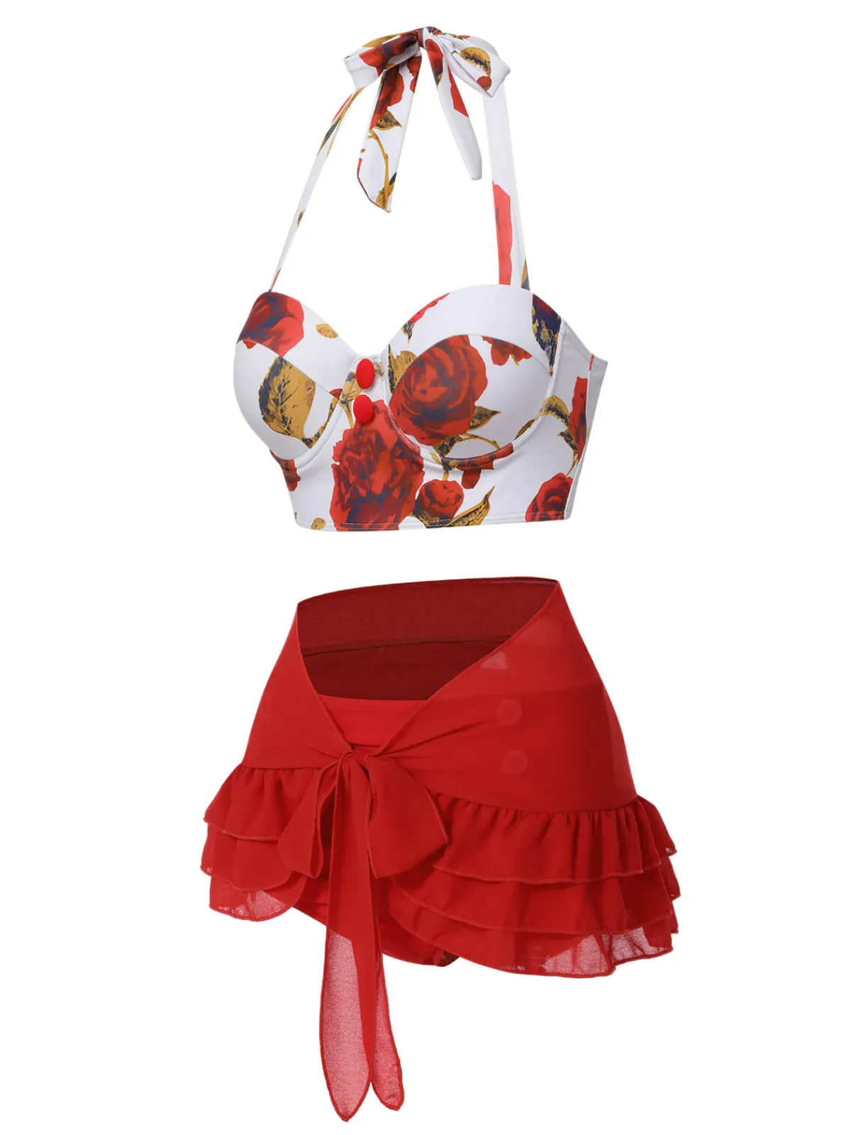 Outlet Retro Stage 2PCS Red 1960s Roses Halter Swimsuit & Skirt Cover-Up