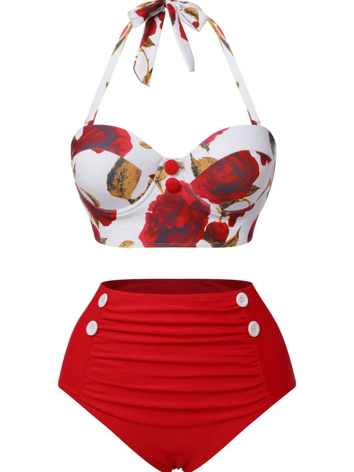 Outlet Retro Stage 2PCS Red 1960s Roses Halter Swimsuit & Skirt Cover-Up