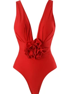 Clearance Retro Stage 2PCS 1960s Solid 3D Flowers Swimsuit & Cover-Up Red