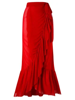 Clearance Retro Stage 2PCS 1960s Solid 3D Flowers Swimsuit & Cover-Up Red