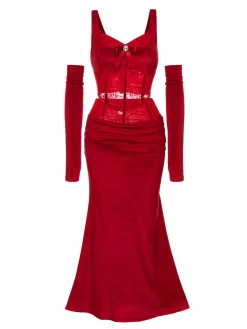 Hot Retro Stage 2PCS Red 1930s Velvet Lace Patchwork Top & Skirt Deep Red