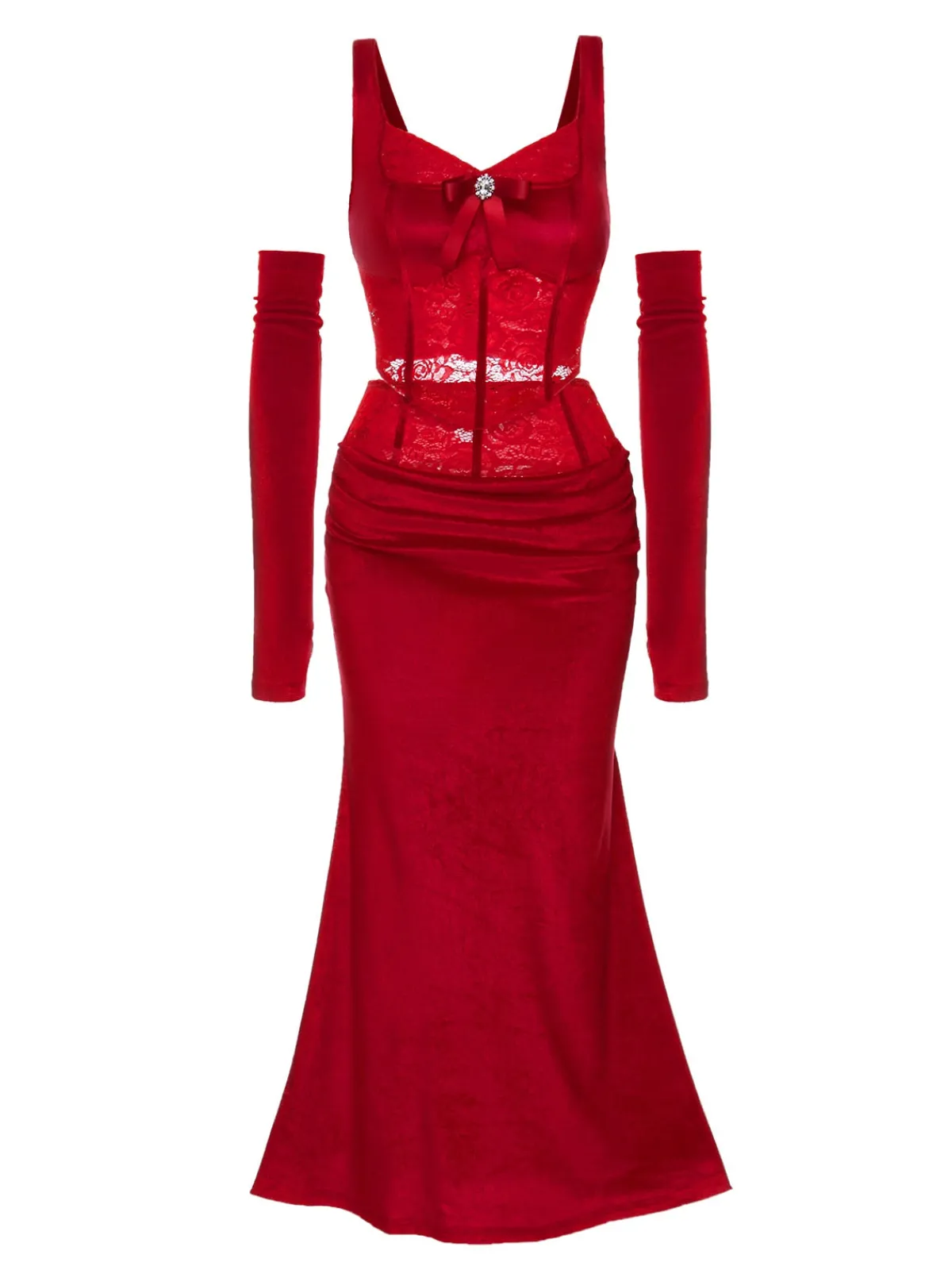 Hot Retro Stage 2PCS Red 1930s Velvet Lace Patchwork Top & Skirt Deep Red
