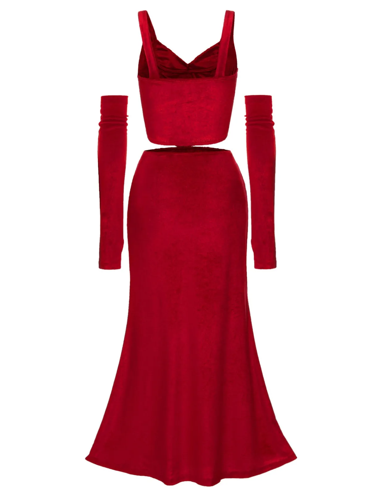 Hot Retro Stage 2PCS Red 1930s Velvet Lace Patchwork Top & Skirt Deep Red