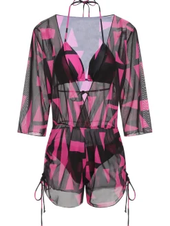 Best Retro Stage 3PCS 1960s Geometric Bikini Set & Cover-Up Rose Red