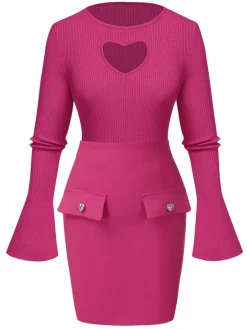 Hot Retro Stage 2PCS 1970s Heart Cutout Sweater & Solid Skirt Rose Red
