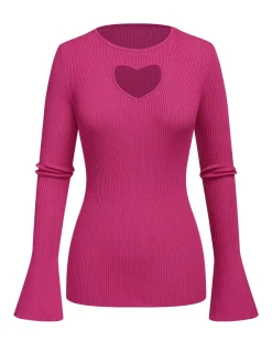 Hot Retro Stage 2PCS 1970s Heart Cutout Sweater & Solid Skirt Rose Red
