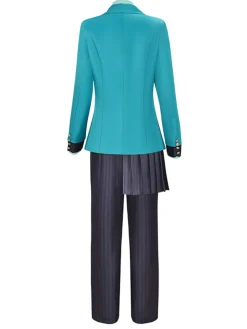 Online Retro Stage 4PCS 1940s Asymmetrical Blazer Set & Pleated Skirt Blue