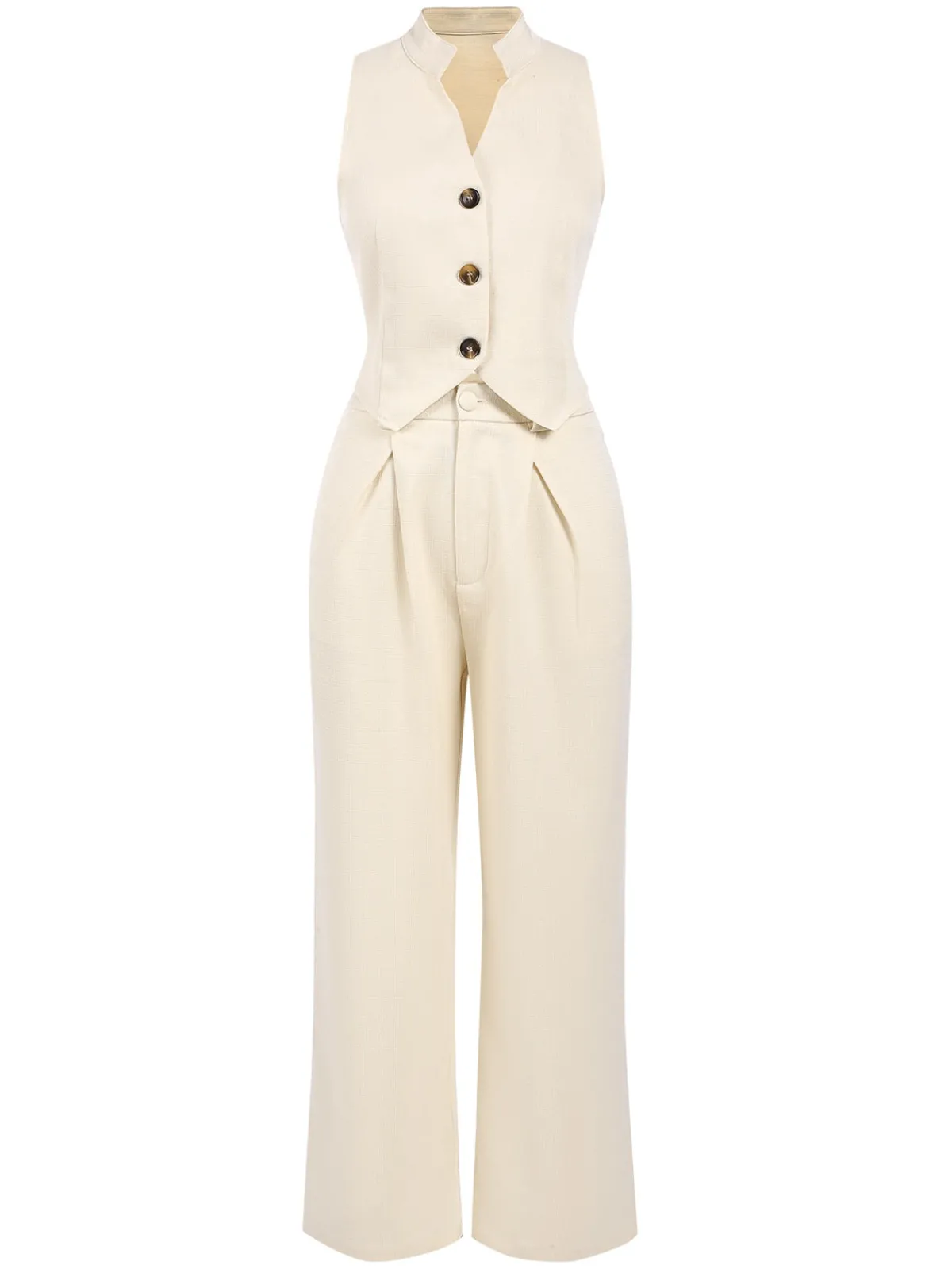Hot Retro Stage 2PCS 1960s Buttoned Vest Top & Pocket Wide Leg Pants Beige