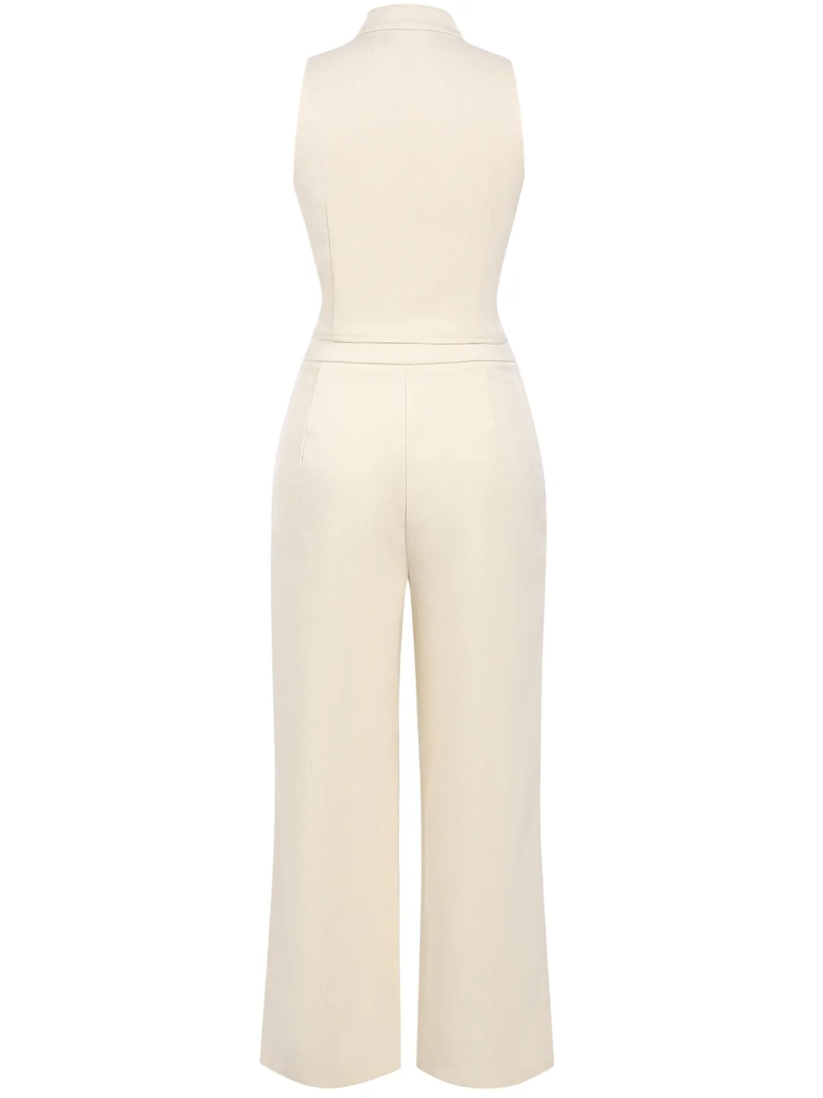 Hot Retro Stage 2PCS 1960s Buttoned Vest Top & Pocket Wide Leg Pants Beige