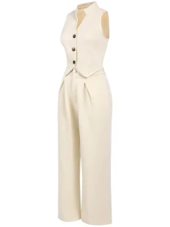 Hot Retro Stage 2PCS 1960s Buttoned Vest Top & Pocket Wide Leg Pants Beige