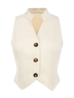 Hot Retro Stage 2PCS 1960s Buttoned Vest Top & Pocket Wide Leg Pants Beige