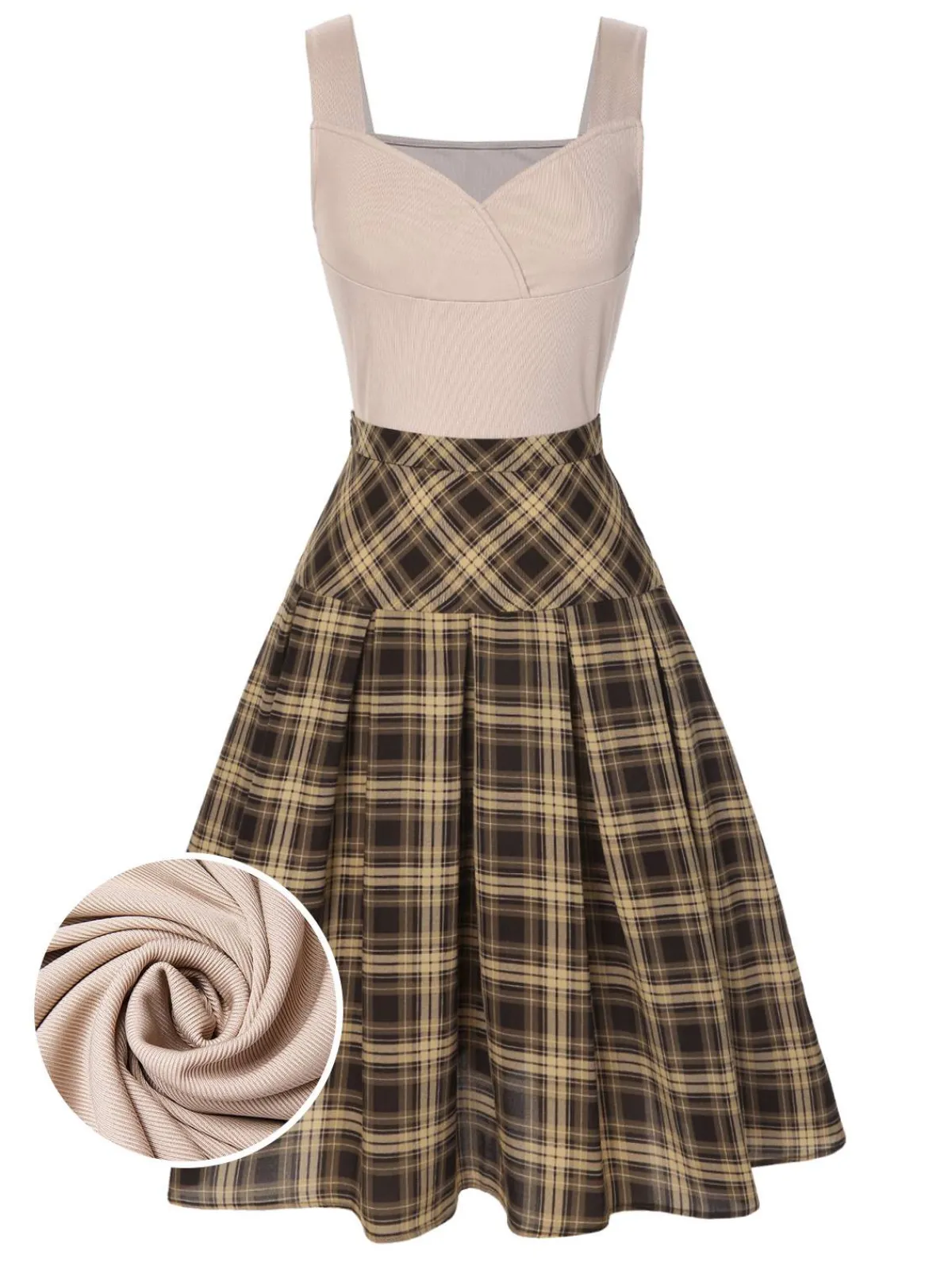 Hot Retro Stage 2PCS 1950s Beige Knitted Top & Plaid Pleated Skirt Light Brown