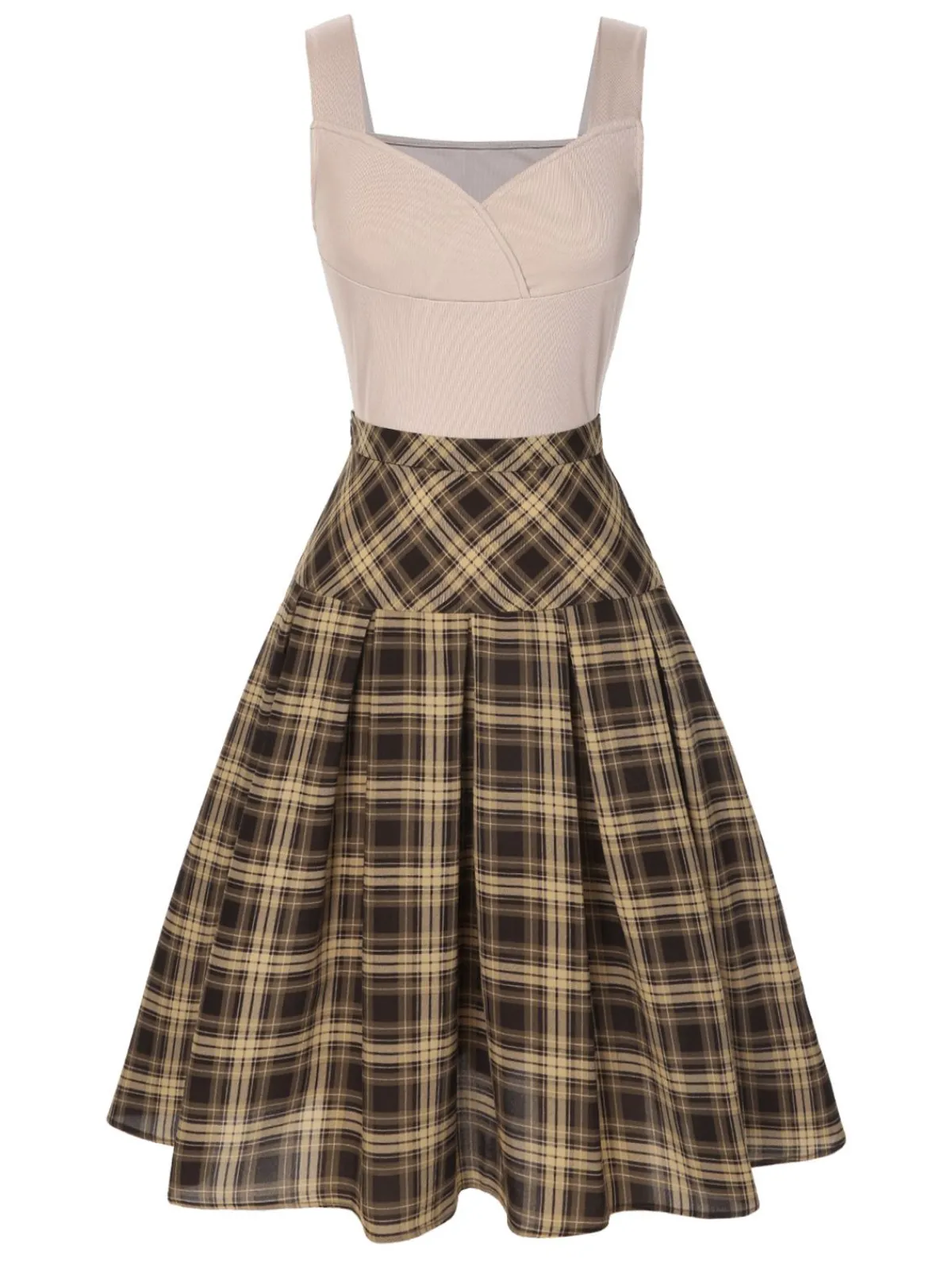 Hot Retro Stage 2PCS 1950s Beige Knitted Top & Plaid Pleated Skirt Light Brown