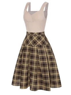 Hot Retro Stage 2PCS 1950s Beige Knitted Top & Plaid Pleated Skirt Light Brown