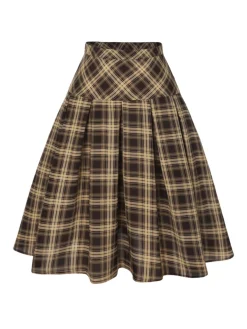 Hot Retro Stage 2PCS 1950s Beige Knitted Top & Plaid Pleated Skirt Light Brown