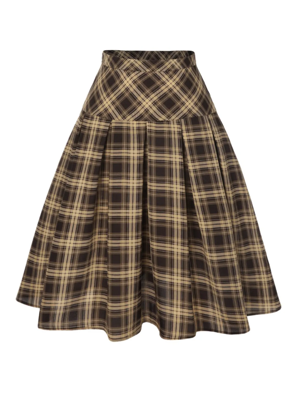 Hot Retro Stage 2PCS 1950s Beige Knitted Top & Plaid Pleated Skirt Light Brown