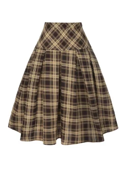 Hot Retro Stage 2PCS 1950s Beige Knitted Top & Plaid Pleated Skirt Light Brown