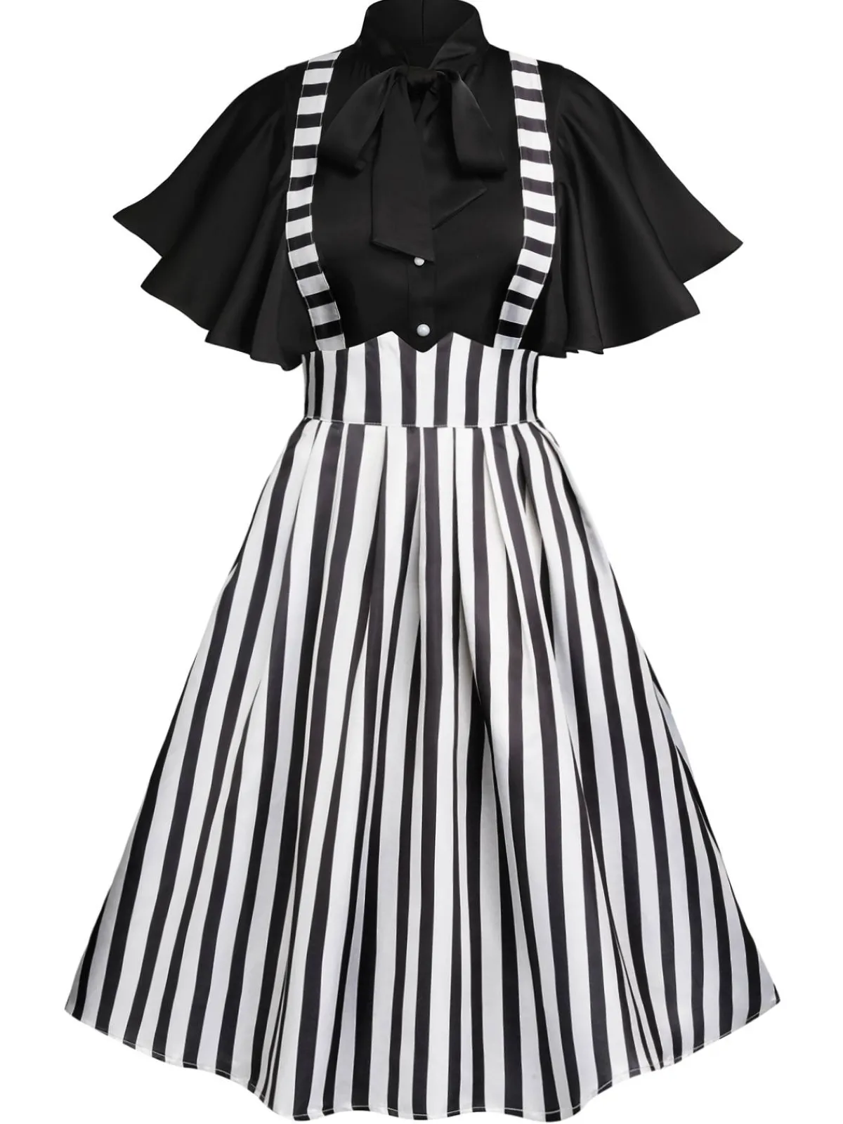 Hot Retro Stage 2PCS 1950s Black Solid Blouse & Suspender Skirt Black & White