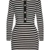 Hot Retro Stage 2PCS 1960s Black White Striped Knit Strap Dress & Cardigan