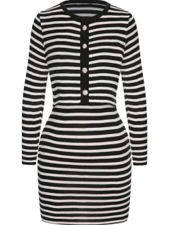 Hot Retro Stage 2PCS 1960s Black White Striped Knit Strap Dress & Cardigan