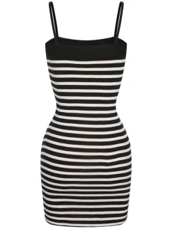 Hot Retro Stage 2PCS 1960s Black White Striped Knit Strap Dress & Cardigan