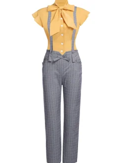 Outlet Retro Stage 2PCS 1950s Blouse Top & Suspender Pants Yellow Gray