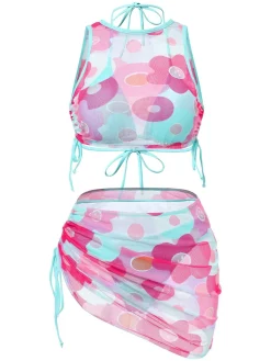 Online Retro Stage 2PCS 1950s Blue Solid Swimsuit & Pink Floral Cover-Up Pink & Blue