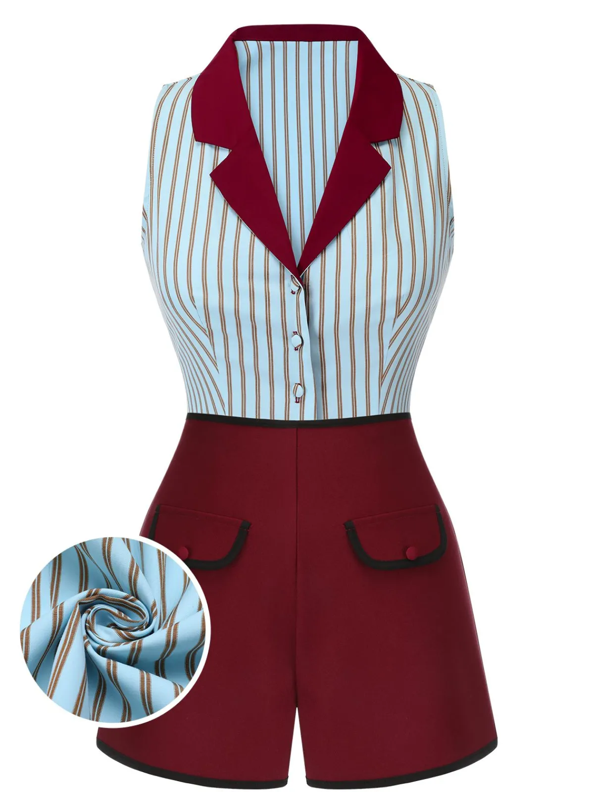 Fashion Retro Stage 2PCS 1950s Blue Stripes Patchwork Blouse & Red Solid Shorts Blue & Red
