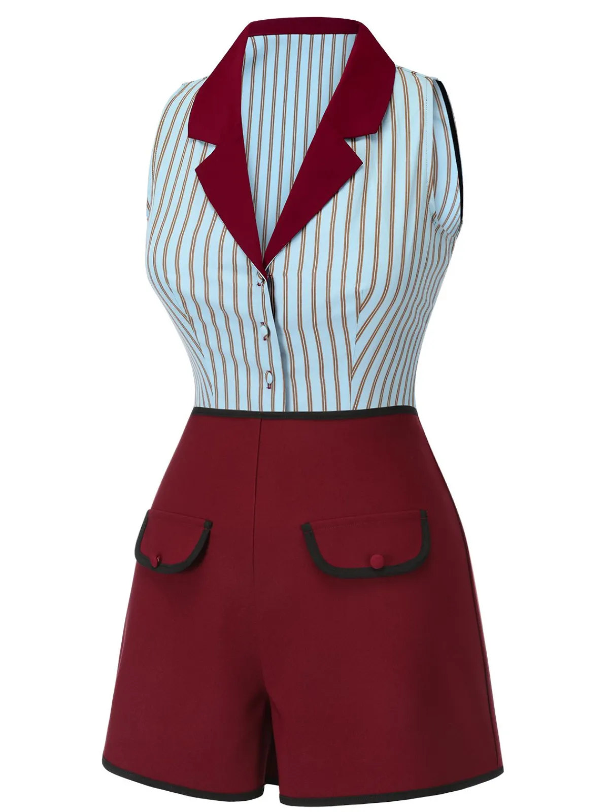 Fashion Retro Stage 2PCS 1950s Blue Stripes Patchwork Blouse & Red Solid Shorts Blue & Red