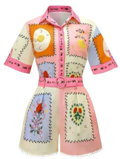 Online Retro Stage 2PCS 1970s Boho Floral Blouse & Belted Shorts Multicolor