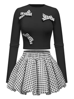 New Retro Stage 2PCS 1950s Bow Solid Top & Plaid skirt