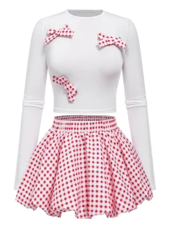 New Retro Stage 2PCS 1950s Bow Solid Top & Plaid skirt