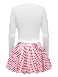 New Retro Stage 2PCS 1950s Bow Solid Top & Plaid skirt