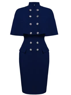 Sale Retro Stage 2PCS 1960s Button Work Pencil Dress Navy Blue