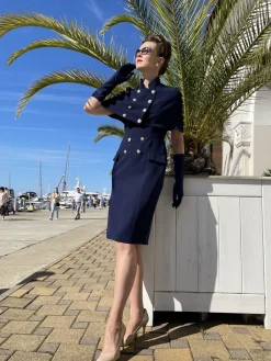 Sale Retro Stage 2PCS 1960s Button Work Pencil Dress Navy Blue