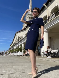 Sale Retro Stage 2PCS 1960s Button Work Pencil Dress Navy Blue