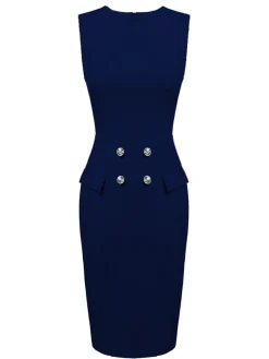 Sale Retro Stage 2PCS 1960s Button Work Pencil Dress Navy Blue