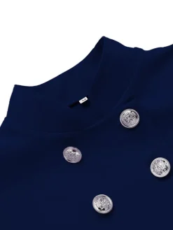 Sale Retro Stage 2PCS 1960s Button Work Pencil Dress Navy Blue