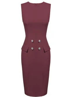 Online Retro Stage 2PCS 1960s Button Work Pencil Dress