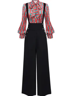Clearance Retro Stage 2PCS 1950s Candy Tie-Up Blouse & Black Suspender Pants Pink & Black