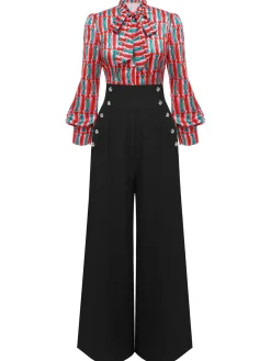 Clearance Retro Stage 2PCS 1950s Candy Tie-Up Blouse & Black Suspender Pants Pink & Black
