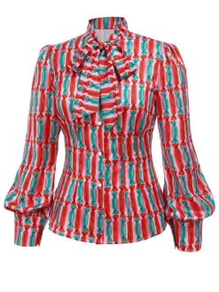 Clearance Retro Stage 2PCS 1950s Candy Tie-Up Blouse & Black Suspender Pants Pink & Black