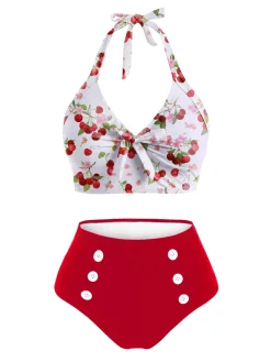 Outlet Retro Stage 2PCS 1950s Cherry Patchwork Bikini Set Red