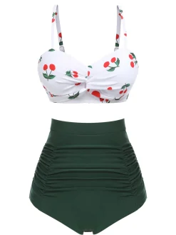 Online Retro Stage 2PCS 1950s Cherry Spaghetti Strap Bikini Set