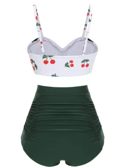 Online Retro Stage 2PCS 1950s Cherry Spaghetti Strap Bikini Set