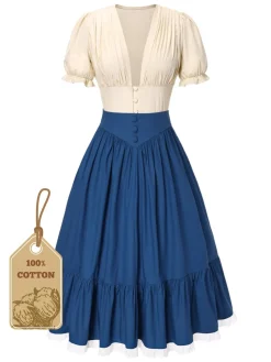 Discount Retro Stage 2PCS 1940s Cotton Cream V-Neck Top & Blue Pleated Skirt Cream White & Dark Blue